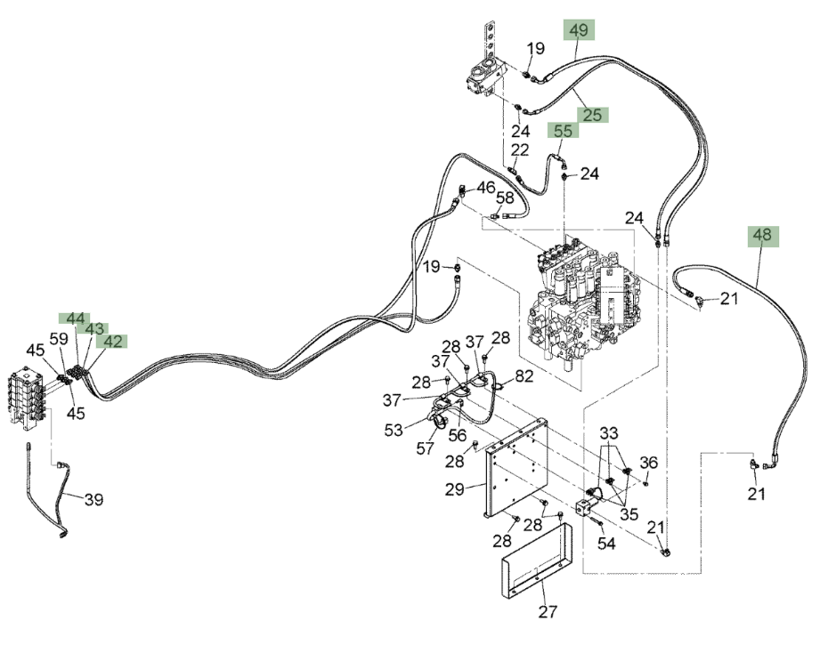 Hitachi ZX210W-3 installation diagram showing hydraulic hose 4652254 at Pipe No. 43