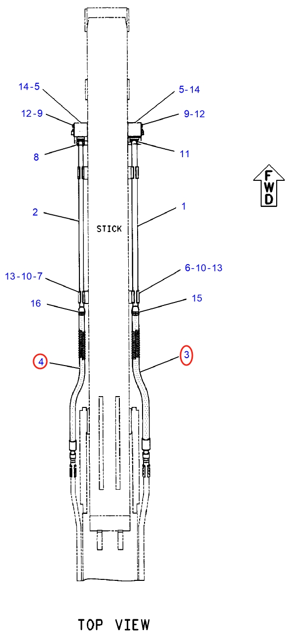 Caterpillar CAT®315C installation diagram showing hydraulic hose 7Y-8001 at Pipe No. 4