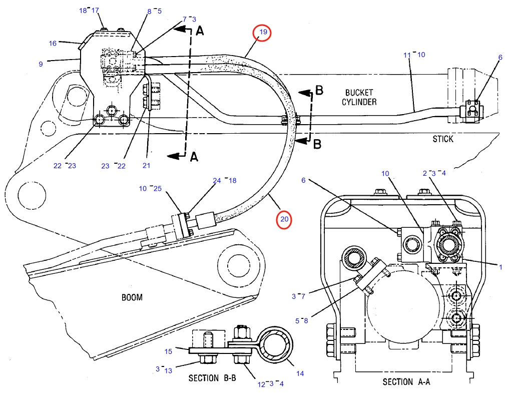 Caterpillar CAT®235B installation diagram showing hydraulic hose 6W-6472 at Pipe No. 19