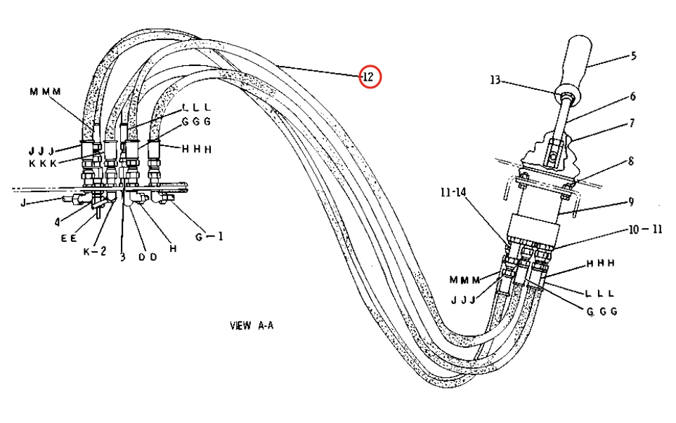 Caterpillar CAT®219 installation diagram showing hydraulic hose 8R-0944 at Pipe No. 12