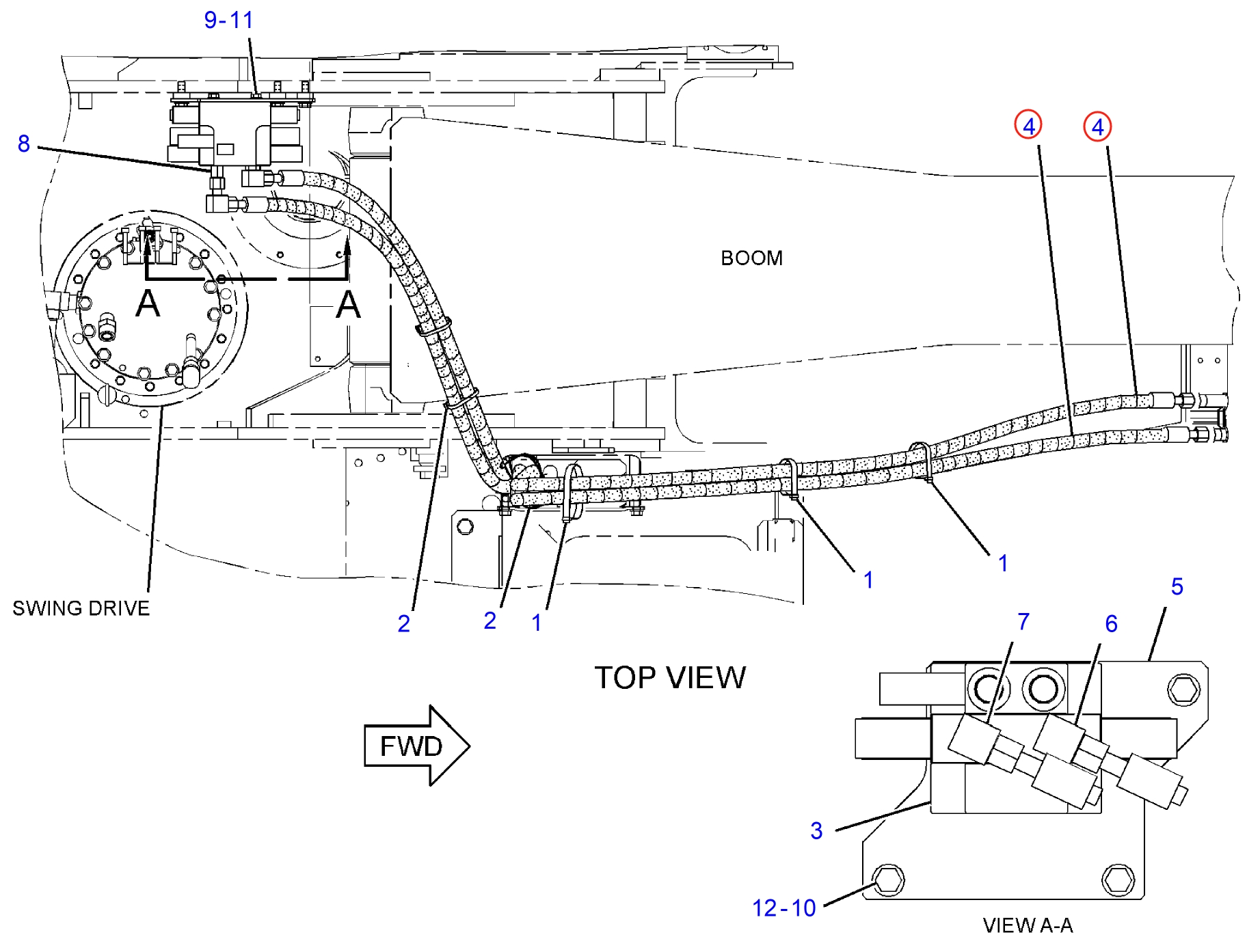 Caterpillar CAT®314D LCR installation diagram showing hydraulic hose 342-4068 at Pipe No. 4