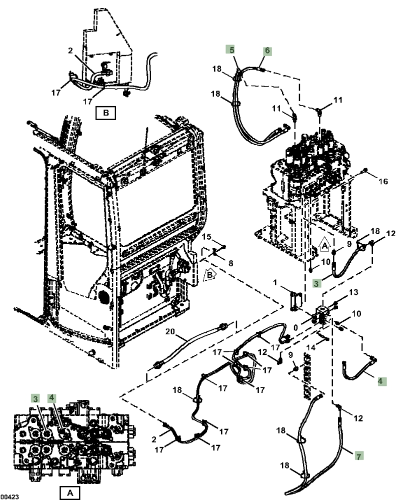 Hitachi ZX245USLC-5N installation diagram showing hydraulic hose 4442429 at Pipe No. 4