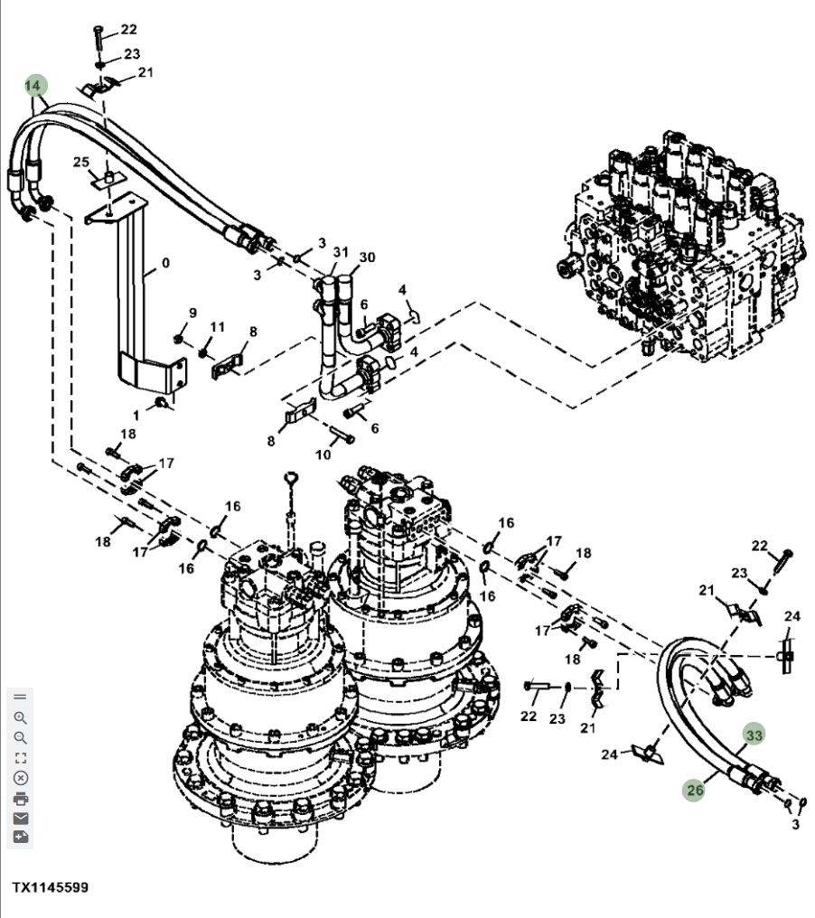 Hitachi ZX870LC-5G installation diagram showing hydraulic hose 4700790 at Pipe No. 33