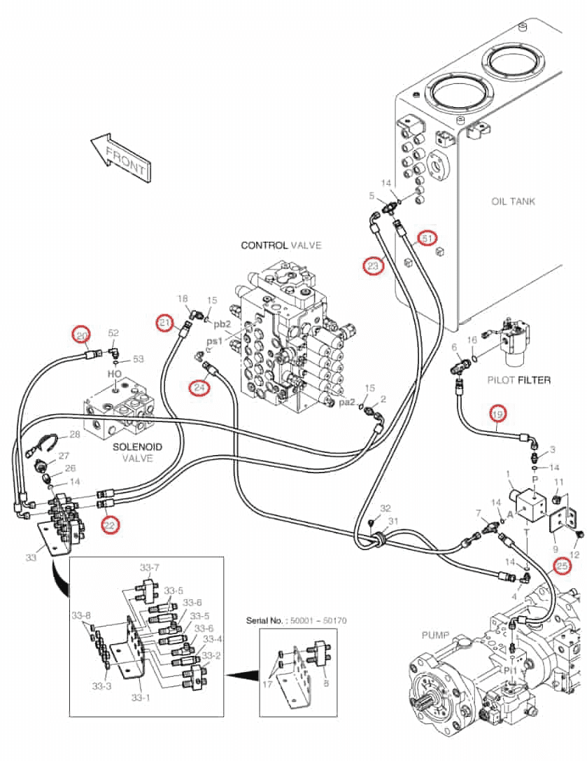 Doosan DX140LC installation diagram showing hydraulic hose DS2093123 at Pipe No. 19
