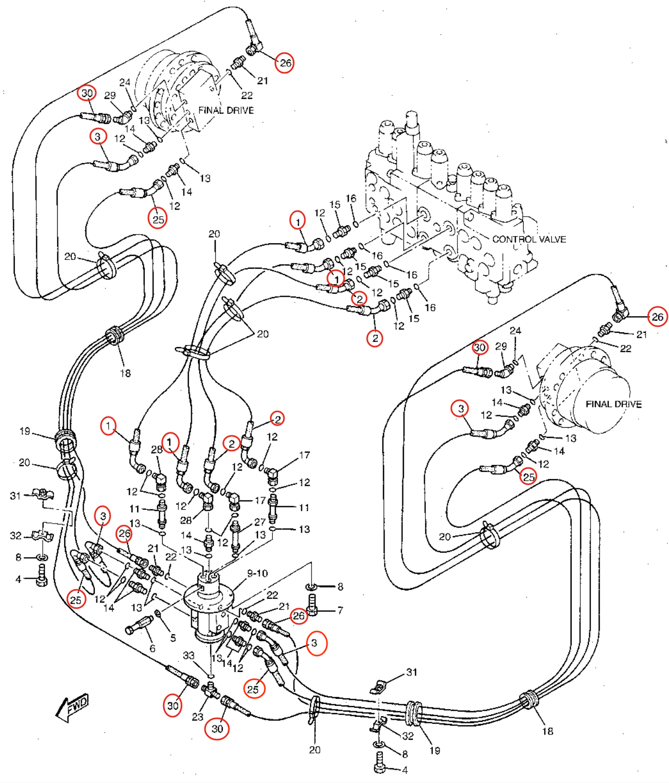 Caterpillar CAT®315B L installation diagram showing hydraulic hose 131-9836 at Pipe No. 30