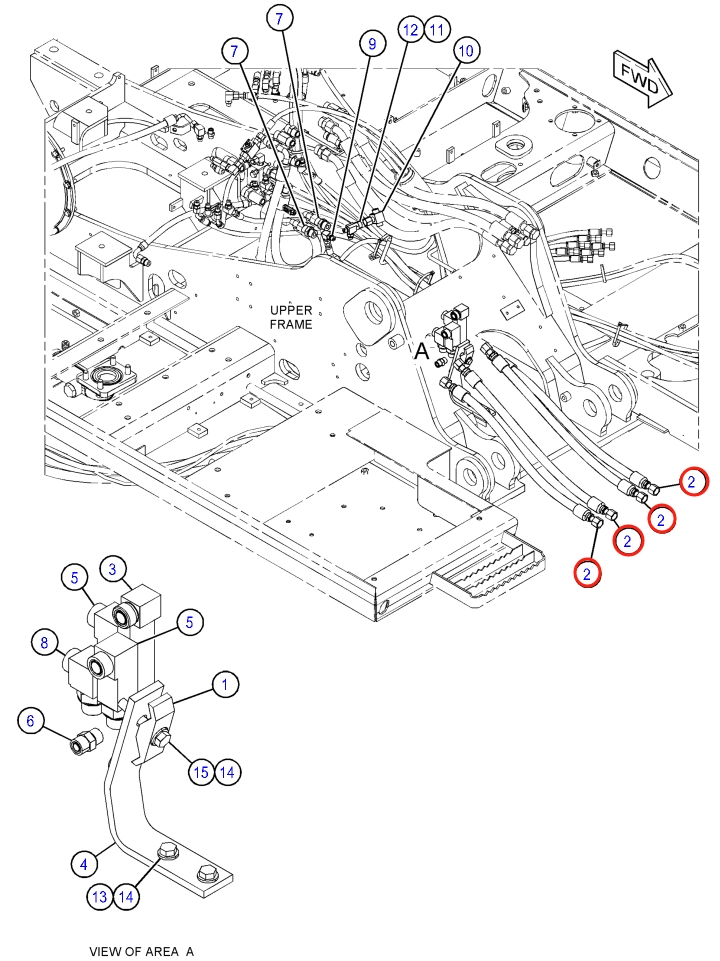 Caterpillar CAT®313F LGC installation diagram showing hydraulic hose 123-2636 at Pipe No. 2