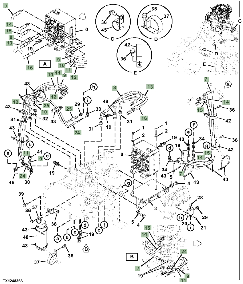 Hitachi ZX190W-6N installation diagram showing hydraulic hose 4635248 at Pipe No. 13