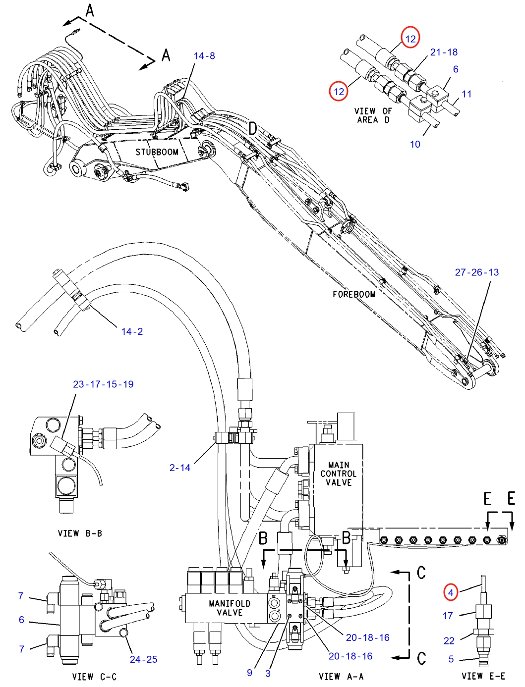 Caterpillar CAT®M312 installation diagram showing hydraulic hose 150-7617 at Pipe No. 12