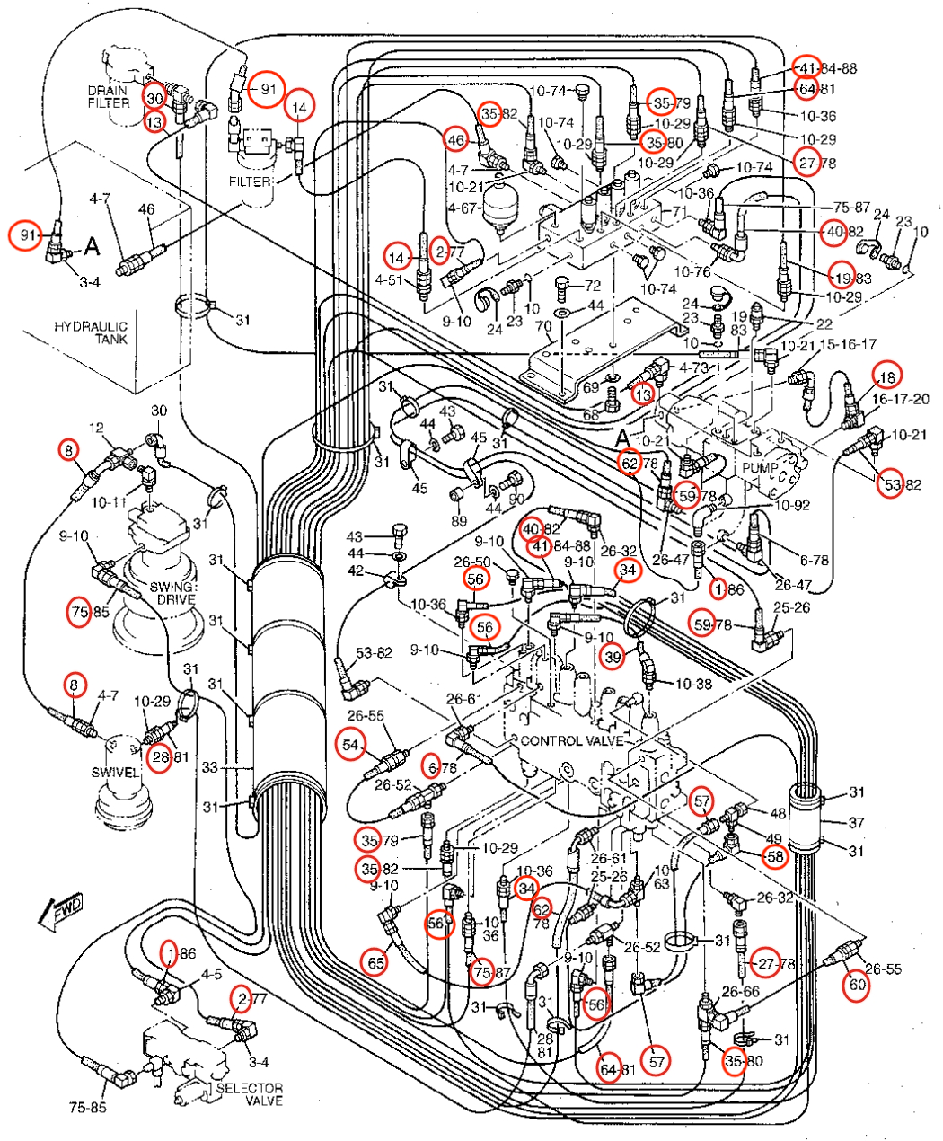 Caterpillar CAT®315B installation diagram showing hydraulic hose 7I-0918 at Pipe No. 64