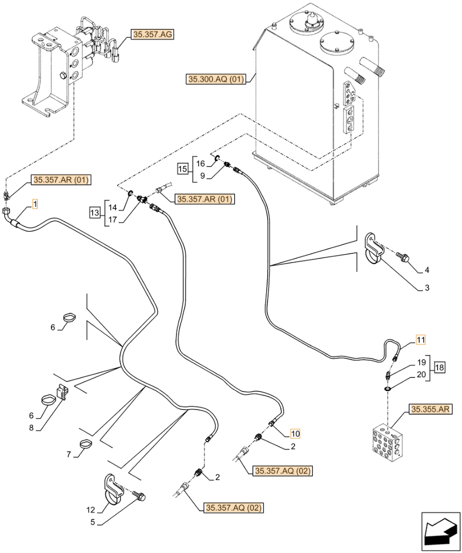Case CX250D NLC installation diagram showing hydraulic hose KHJ2308 at Pipe No. 10