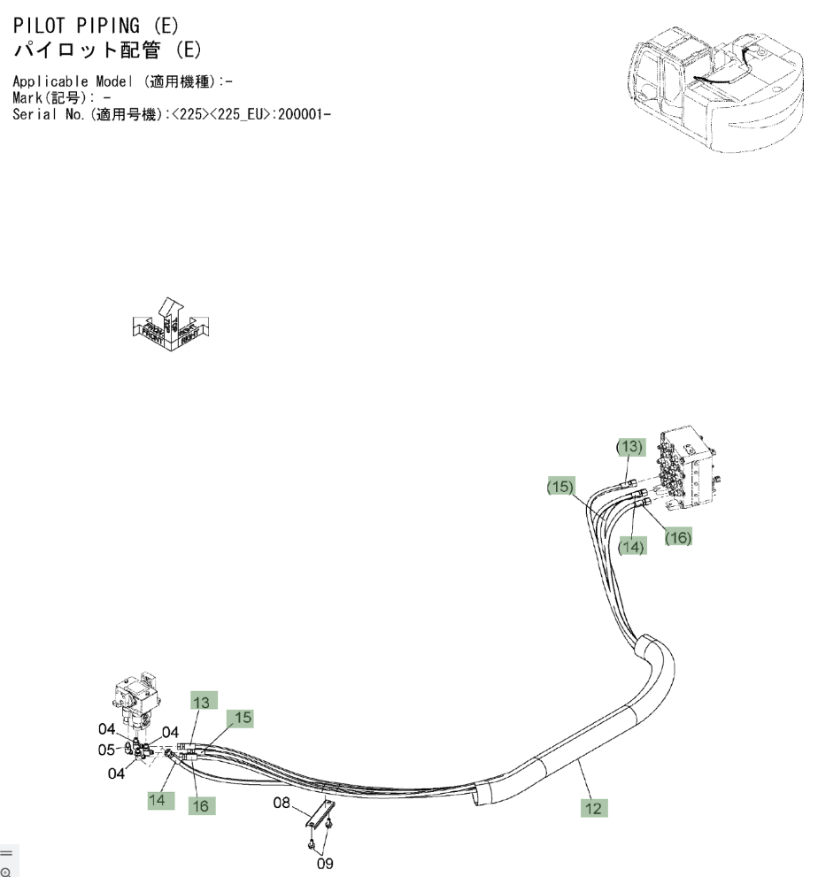 Hitachi ZX225USLC-3 installation diagram showing hydraulic hose 9282807 at Pipe No. 14