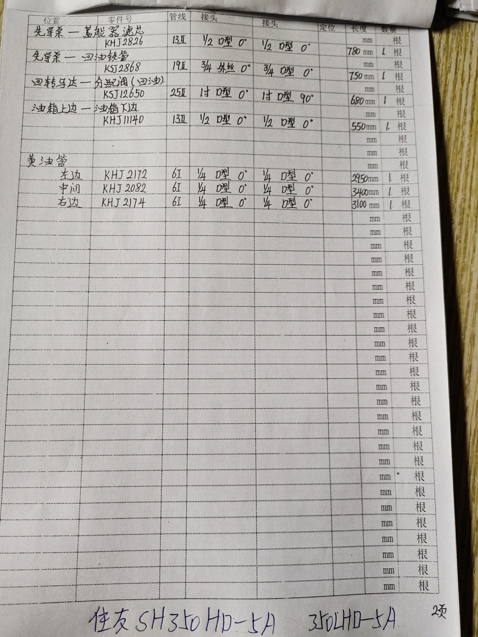 Sumitomo SH350H-5A hydraulic hose part numbers and recorded lengths — technician notebook page 2 of 4 — recorded hose parts KHJ2082, KHJ2172, KHJ2174