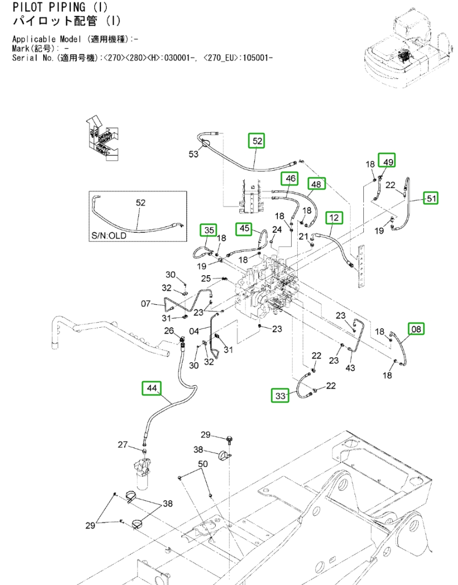 Hitachi ZX270LC-3 installation diagram showing hydraulic hose 4644151 at Pipe No. 52