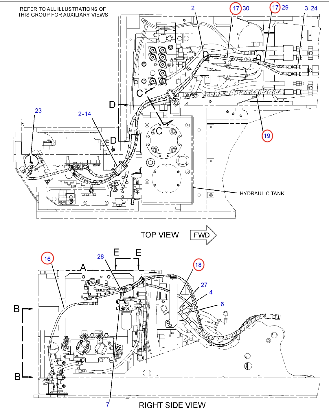 Caterpillar CAT®312D installation diagram showing hydraulic hose 337-1286 at Pipe No. 19