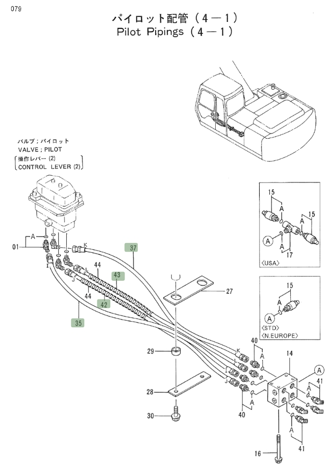 Hitachi EX200LC-2 installation diagram showing hydraulic hose 4281537 at Pipe No. 37