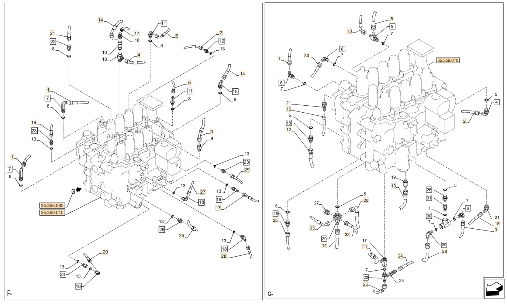 Case CX750D RTC ME installation diagram showing hydraulic hose KHJ2394 at Pipe No. F28-G24