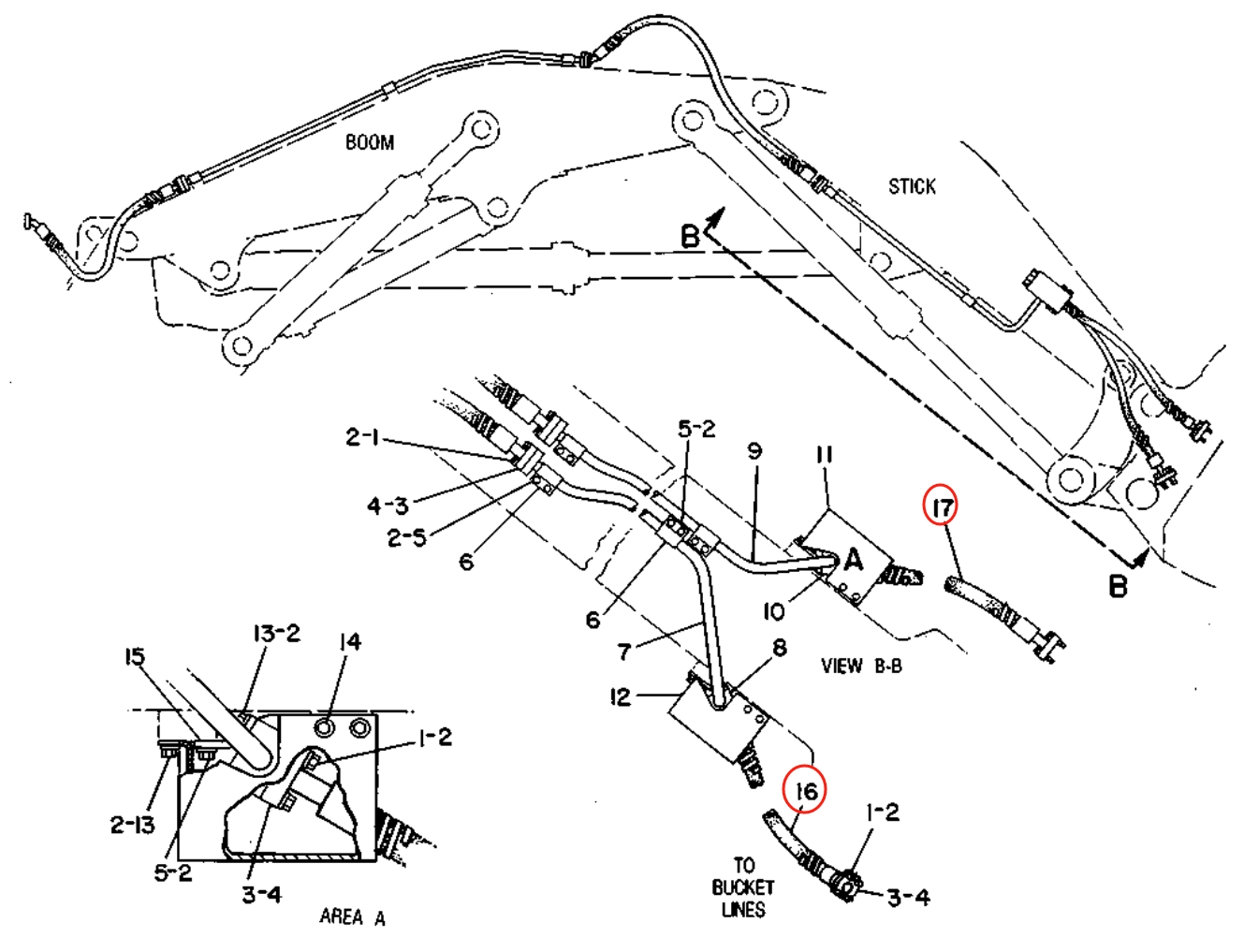 Caterpillar CAT®245B installation diagram showing hydraulic hose 6W-2352 at Pipe No. 16