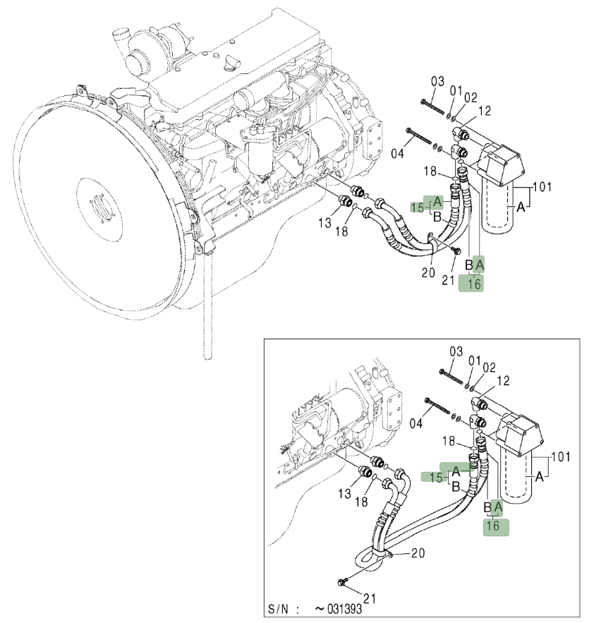 Hitachi ZX370 installation diagram showing hydraulic hose 4608498 at Pipe No. 15A