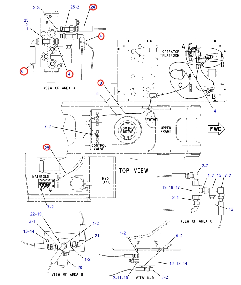 Caterpillar CAT®317B LN installation diagram showing hydraulic hose 4I-7608 at Pipe No. 26