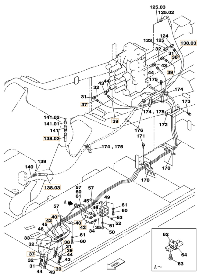 Case CX350 installation diagram showing hydraulic hose KAJ3524 at Pipe No. 42