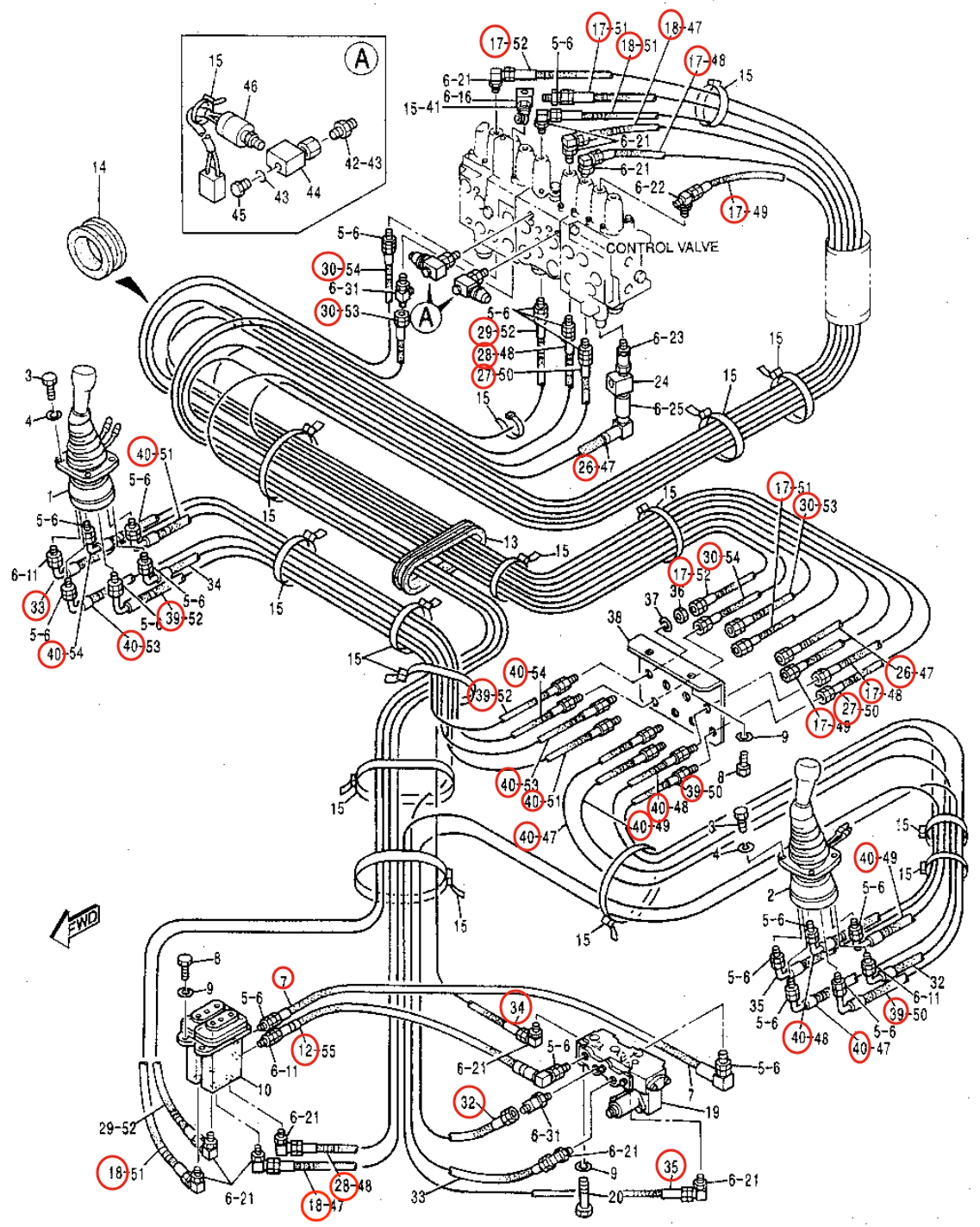 Caterpillar CAT®315B installation diagram showing hydraulic hose 4I-7608 at Pipe No. 30