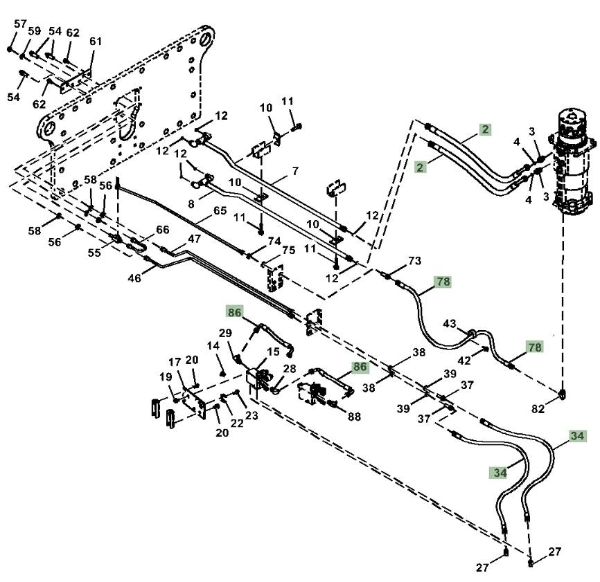 Hitachi ZX190W-5N installation diagram showing hydraulic hose 4436269 at Pipe No. 86