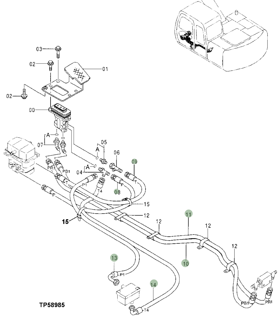 Hitachi EX110-5 installation diagram showing hydraulic hose 4365784 at Pipe No. 8