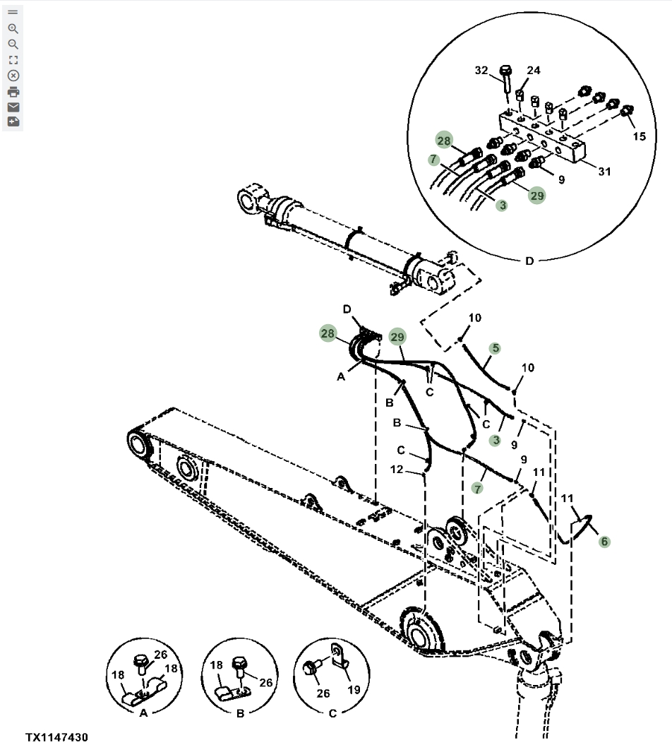 Hitachi ZX670LC-5B installation diagram showing hydraulic hose 4262280 at Pipe No. 28