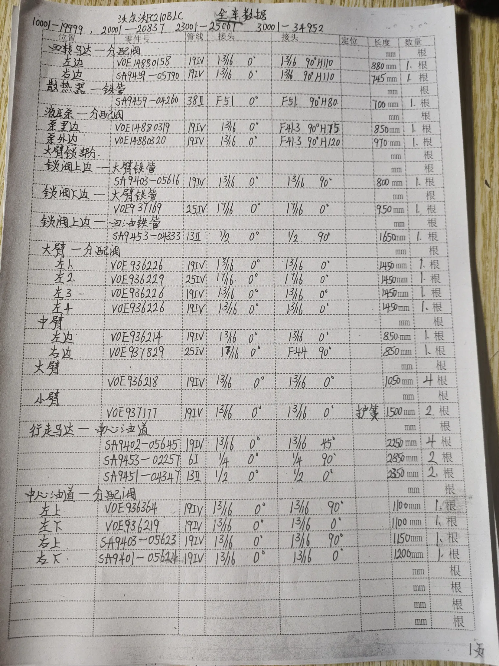 Volvo 210BLC hydraulic hose part numbers and recorded lengths — technician notebook page 5 of 8 — recorded hose parts 5A945-0434139, S49403-05623, S9403-05016