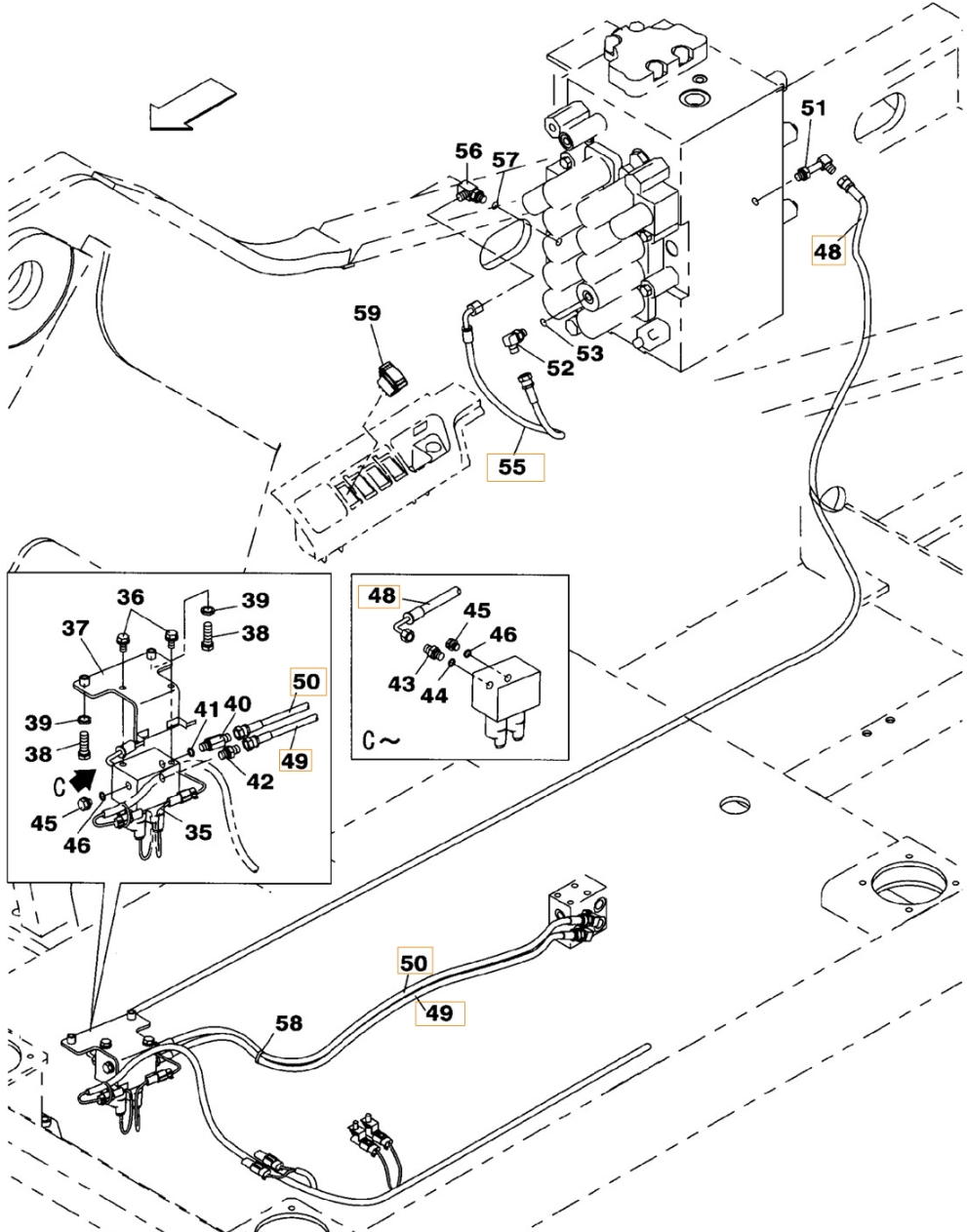 Case CX240B installation diagram showing hydraulic hose KHJ2309 at Pipe No. 55