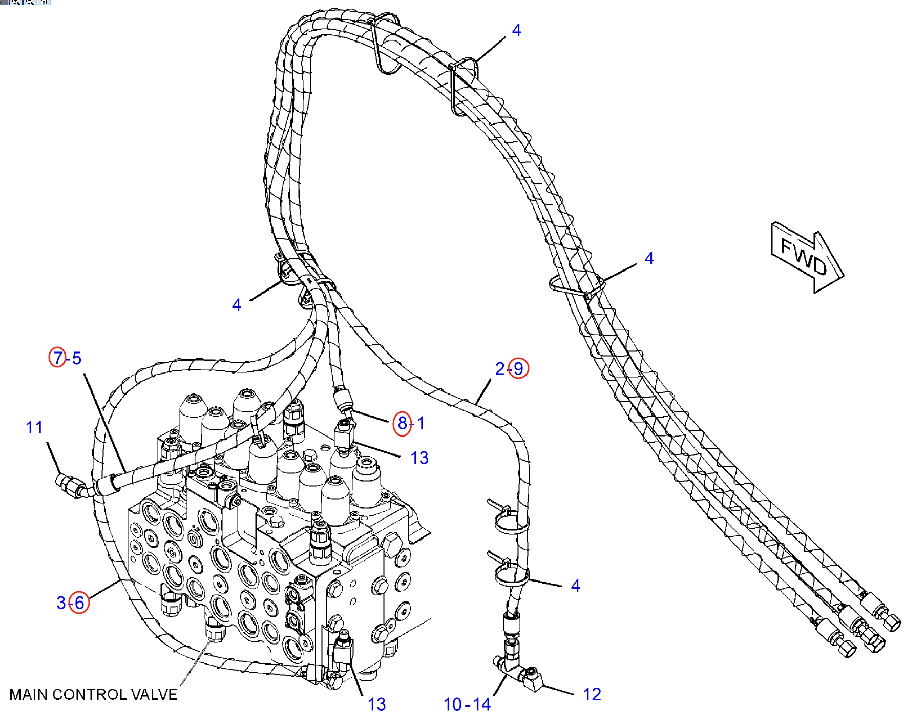 Caterpillar CAT®314E LCR installation diagram showing hydraulic hose 420-8916 at Pipe No. 9
