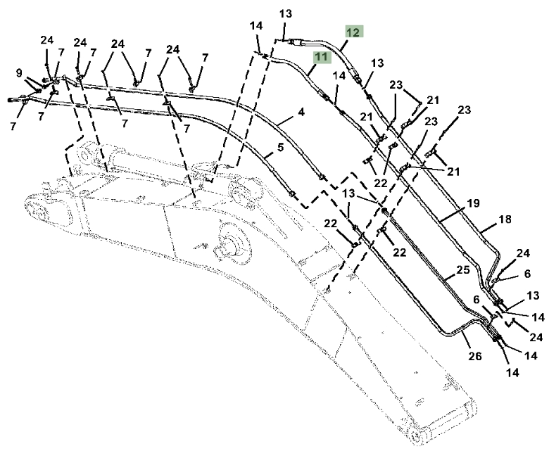 Hitachi ZX350LC-5A installation diagram showing hydraulic hose 4648034 at Pipe No. 12