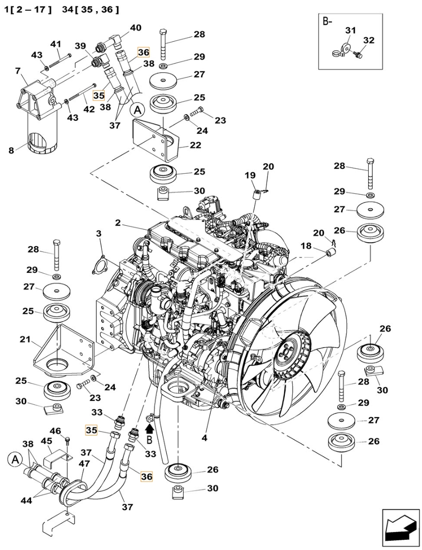 Case CX130C-8 installation diagram showing hydraulic hose KLH10210 at Pipe No. 35