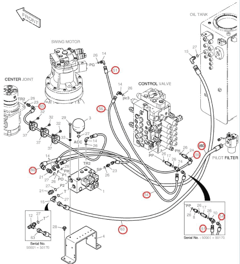 Doosan DX140LC installation diagram showing hydraulic hose DS2093080 at Pipe No. 54