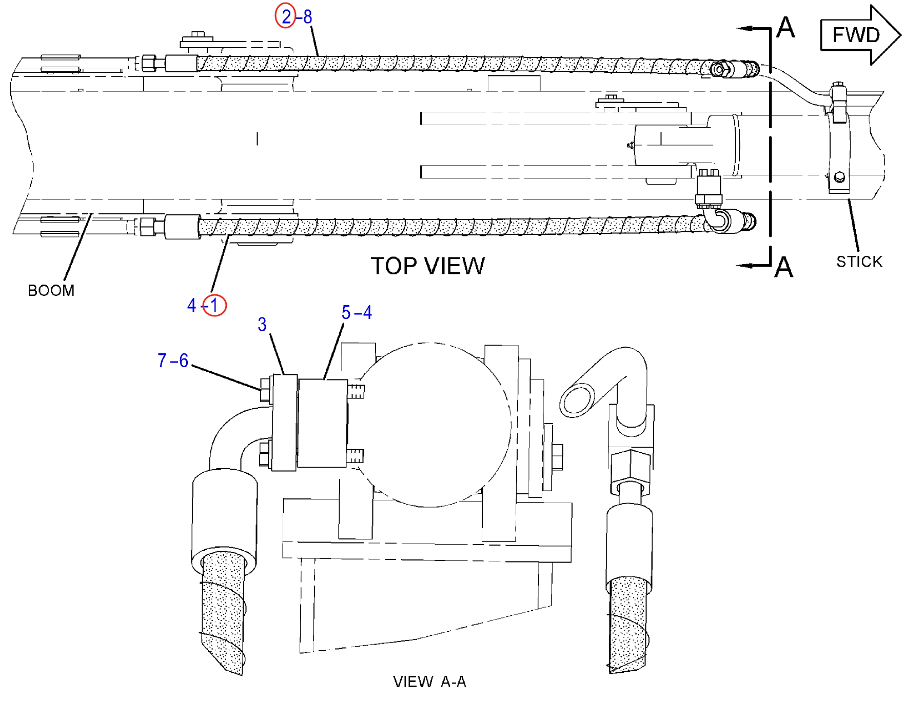Caterpillar CAT®313D2 LGP installation diagram showing hydraulic hose 123-2729 at Pipe No. 2