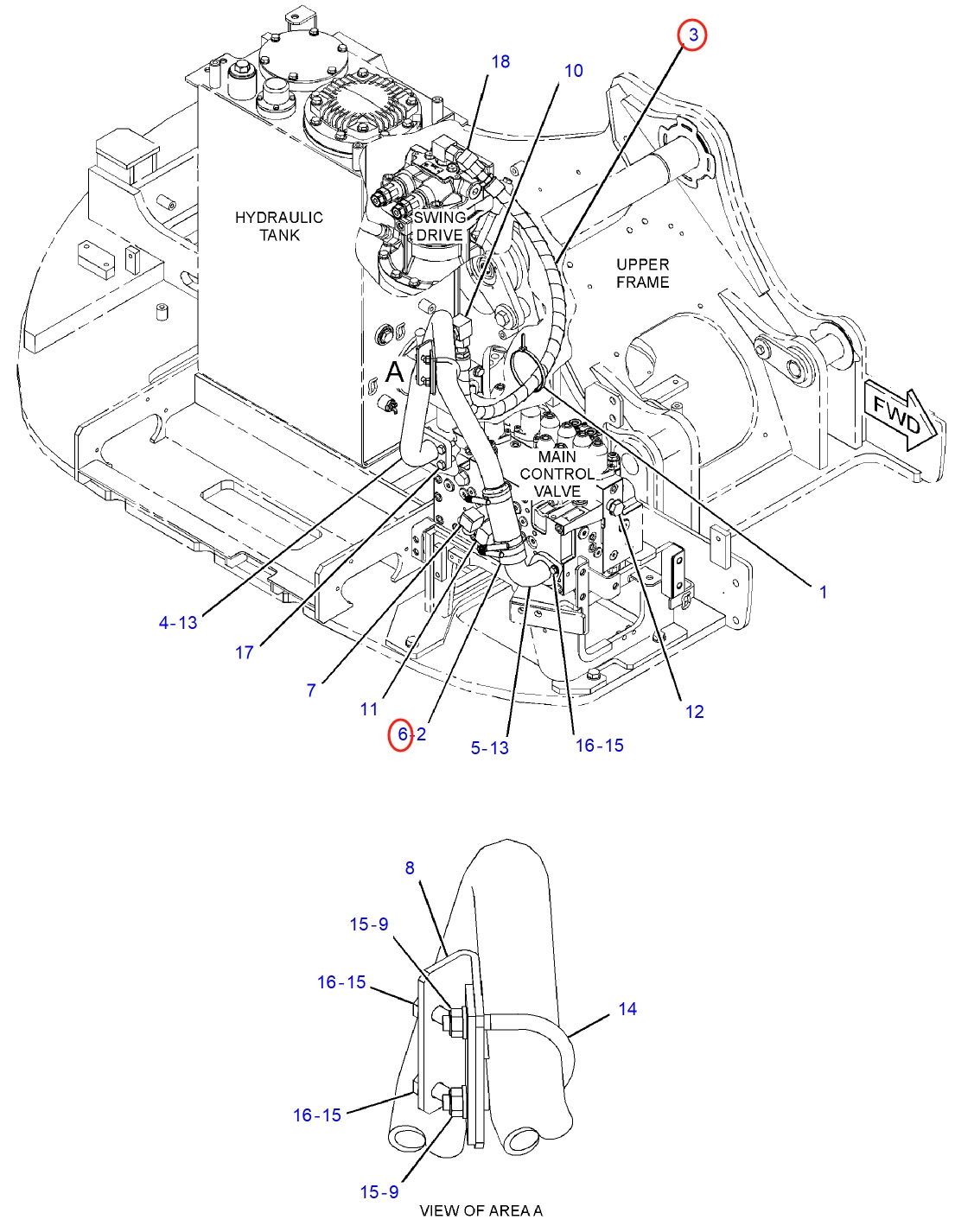 Caterpillar CAT®314D LCR installation diagram showing hydraulic hose 419-0255 at Pipe No. 3