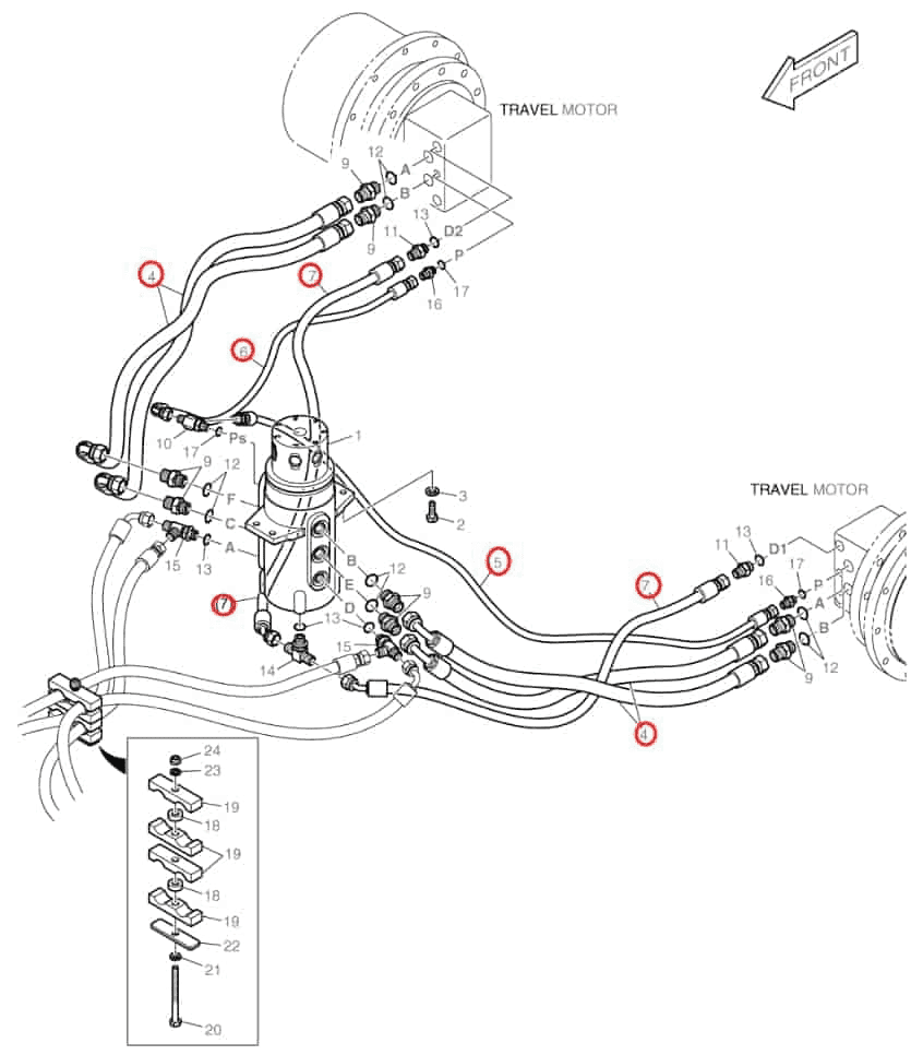 Doosan DX80R installation diagram showing hydraulic hose DS2093658 at Pipe No. 6