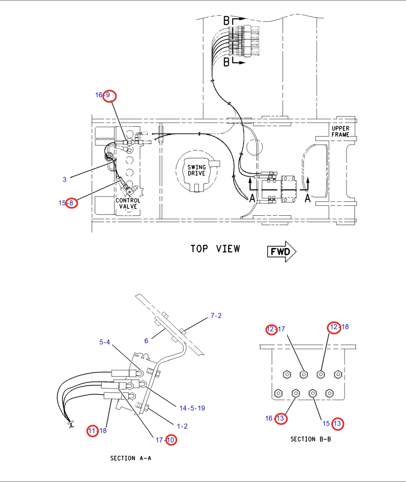 Caterpillar CAT®318B installation diagram showing hydraulic hose 4I-1419 at Pipe No. 8