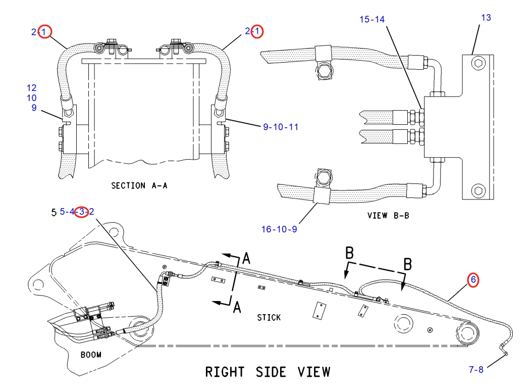 Caterpillar CAT®317B L installation diagram showing hydraulic hose 126-6053 at Pipe No. 6