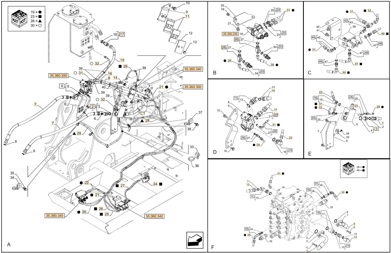 Case CX130D installation diagram showing hydraulic hose KHJ2087 at Pipe No. A24-C49