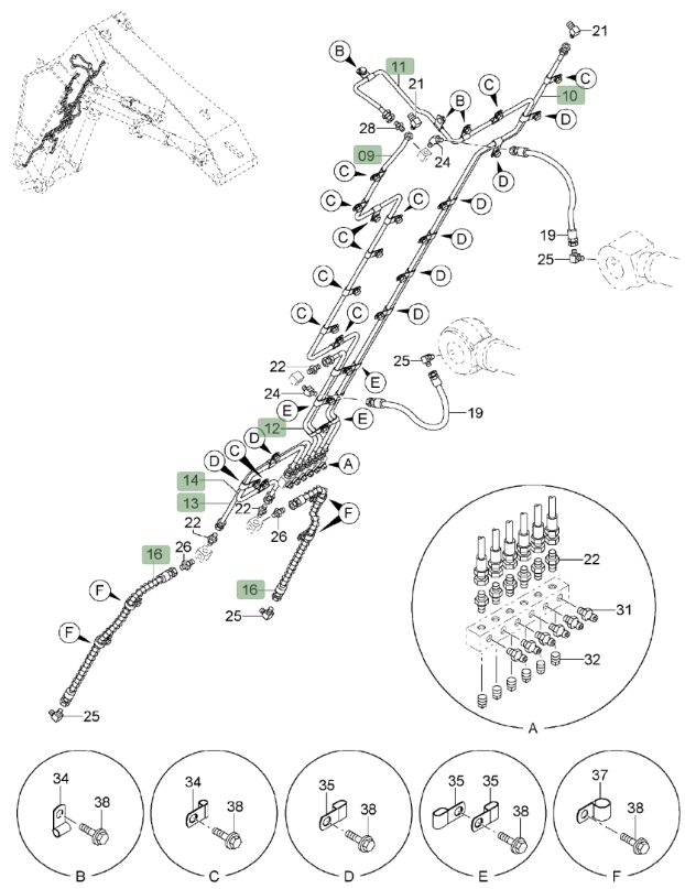 Hitachi ZX850LC-3 installation diagram showing hydraulic hose 4414261 at Pipe No. 12