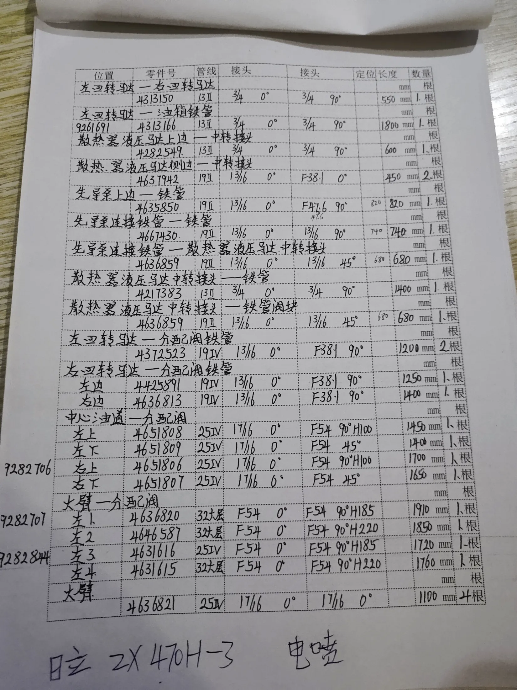 日立 ZX470H-3液压胶管零件号及记录长度— 技术员笔记页1共1页
