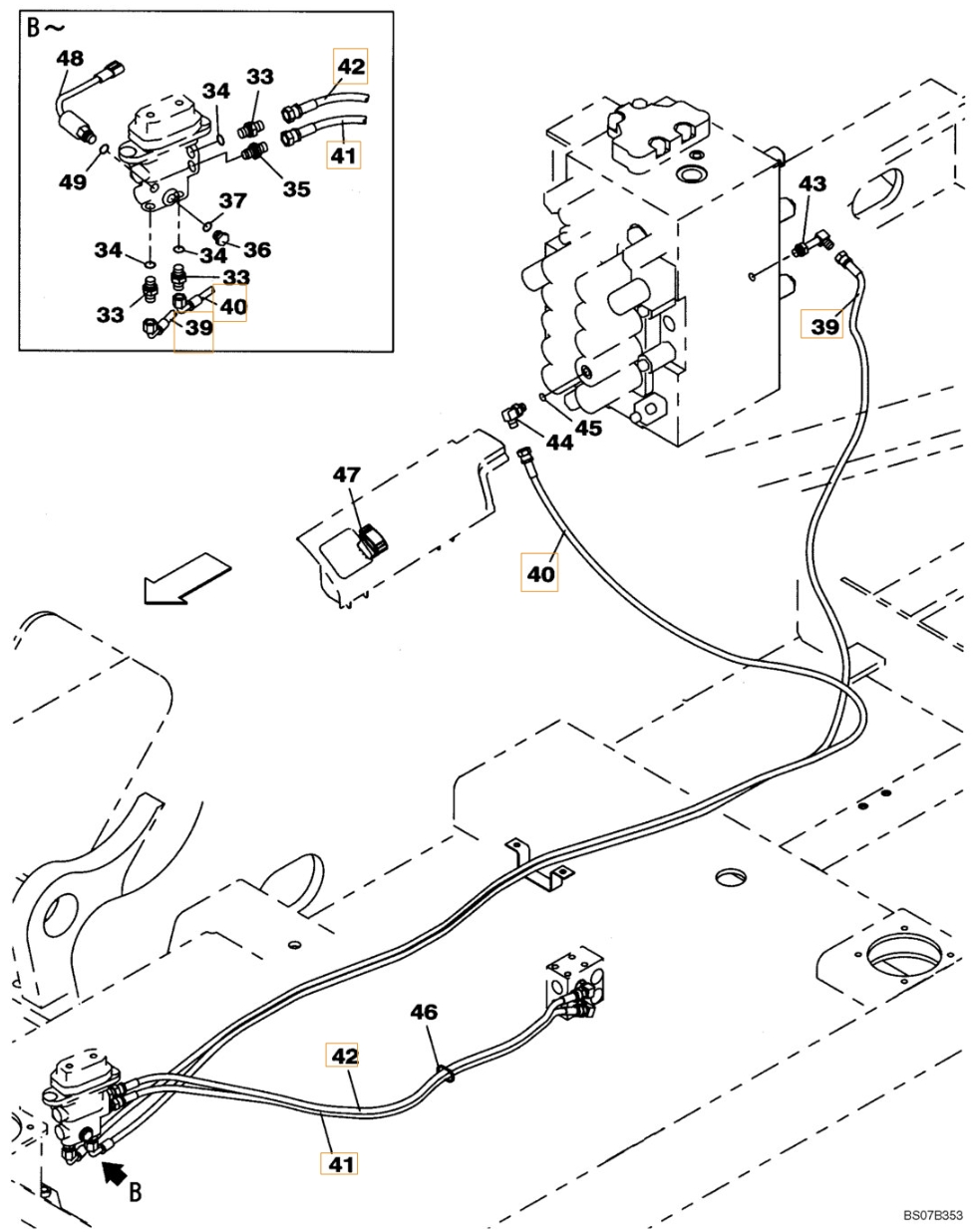 Case CX210BLR installation diagram showing hydraulic hose KHJ2050 at Pipe No. 41
