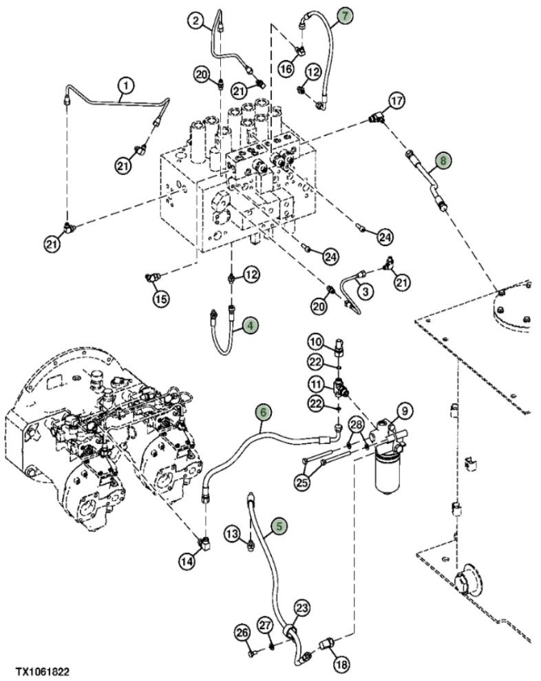 Hitachi ZXS370F-3 installation diagram showing hydraulic hose 4453281 at Pipe No. 5