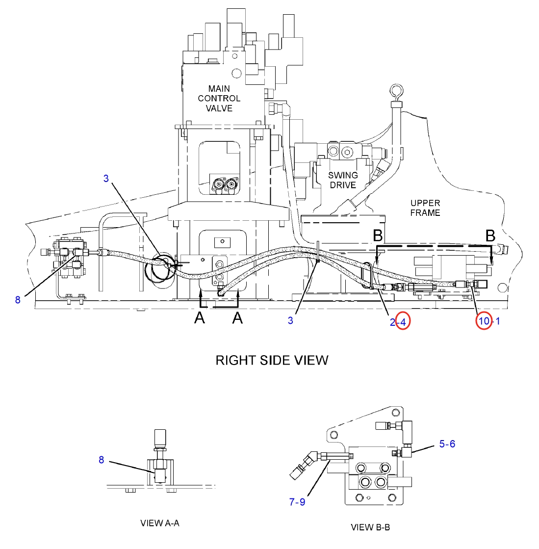 Caterpillar CAT®312D installation diagram showing hydraulic hose 087-4503 at Pipe No. 4