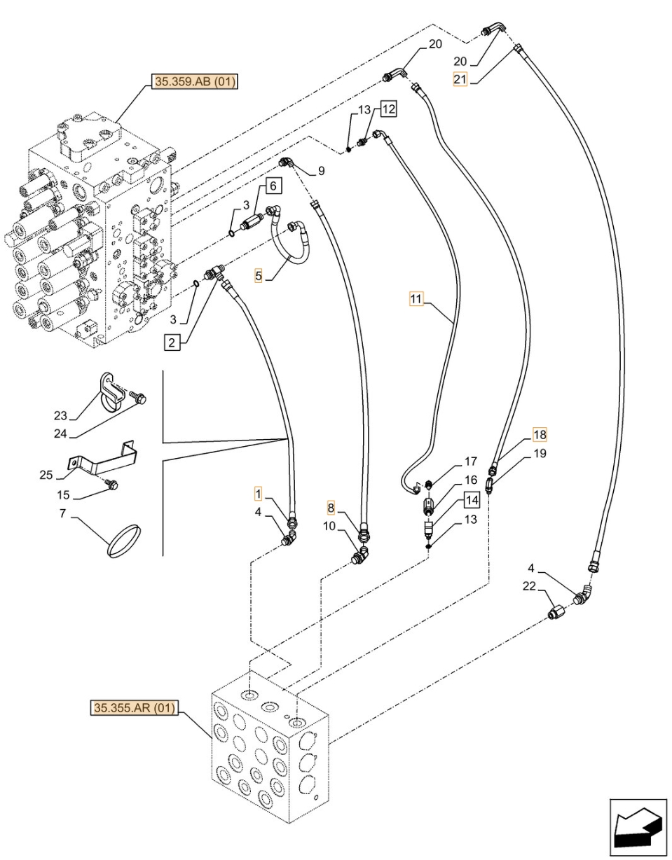 Case CX300D NLC installation diagram showing hydraulic hose KHJ2058 at Pipe No. 8