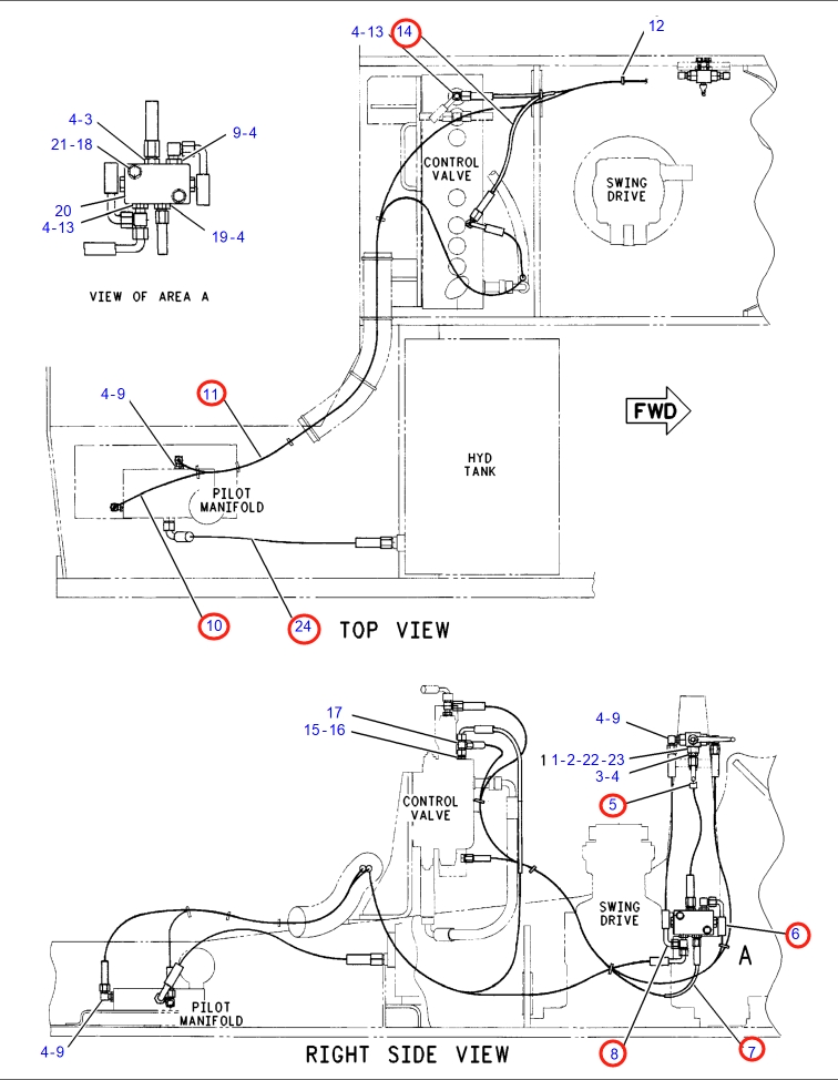 Caterpillar CAT®318B N installation diagram showing hydraulic hose 108-7139 at Pipe No. 7