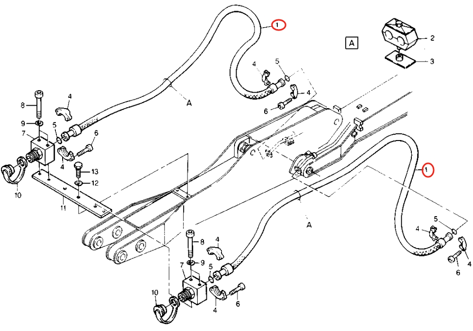Caterpillar CAT®224B installation diagram showing hydraulic hose 8U-1885 at Pipe No. 1