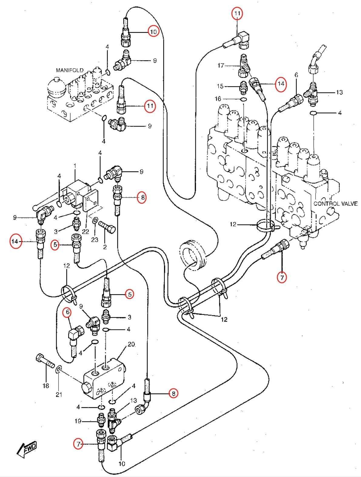 Caterpillar CAT®315B L installation diagram showing hydraulic hose 142-1113 at Pipe No. 5