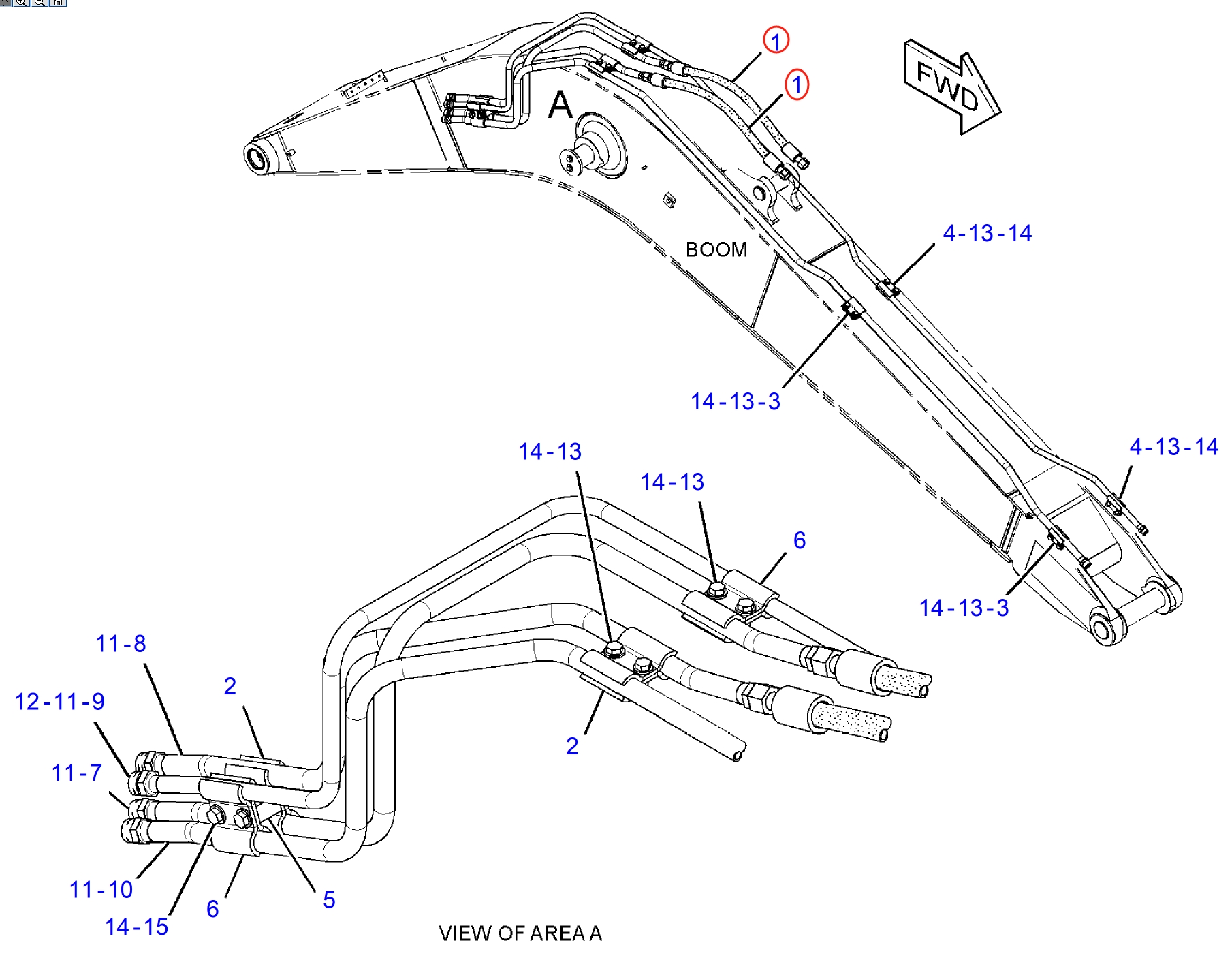 Caterpillar CAT®314D LCR installation diagram showing hydraulic hose 4I-1095 at Pipe No. 1